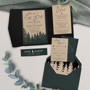 May include: A wedding invitation suite with a rustic woodland theme. The invitation features a forest silhouette with the text "Join us in the Woods" and the couple's names, Elsie and Harvey. The details card includes the date, time, and location of the wedding ceremony and reception. The RSVP card features a forest silhouette and the text "Kindly Respond".