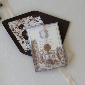 Verona burgundy wedding invitation with wine details card, ivory invitation and villa-inspired vellum wrap