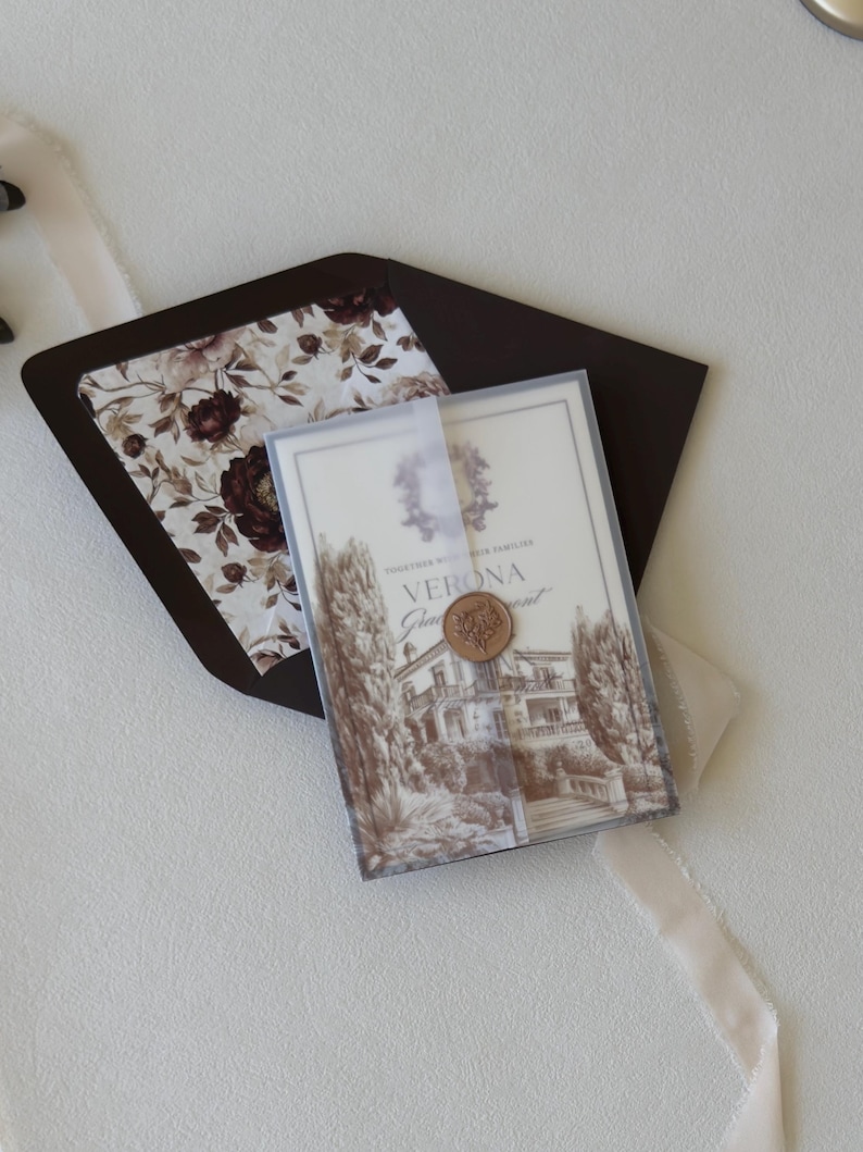 Verona burgundy wedding invitation with wine details card, ivory invitation and villa-inspired vellum wrap