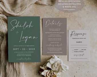 Green and Taupe wedding invitations, Modern Retro Wedding, Romantic Greenery, Minimalistic Fonts, Printed with White ink, Whimsical wedding