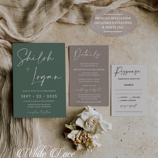 Green and Taupe wedding invitations, Modern Retro Wedding, Romantic Greenery, Minimalistic Fonts, Printed with White ink, Whimsical wedding
