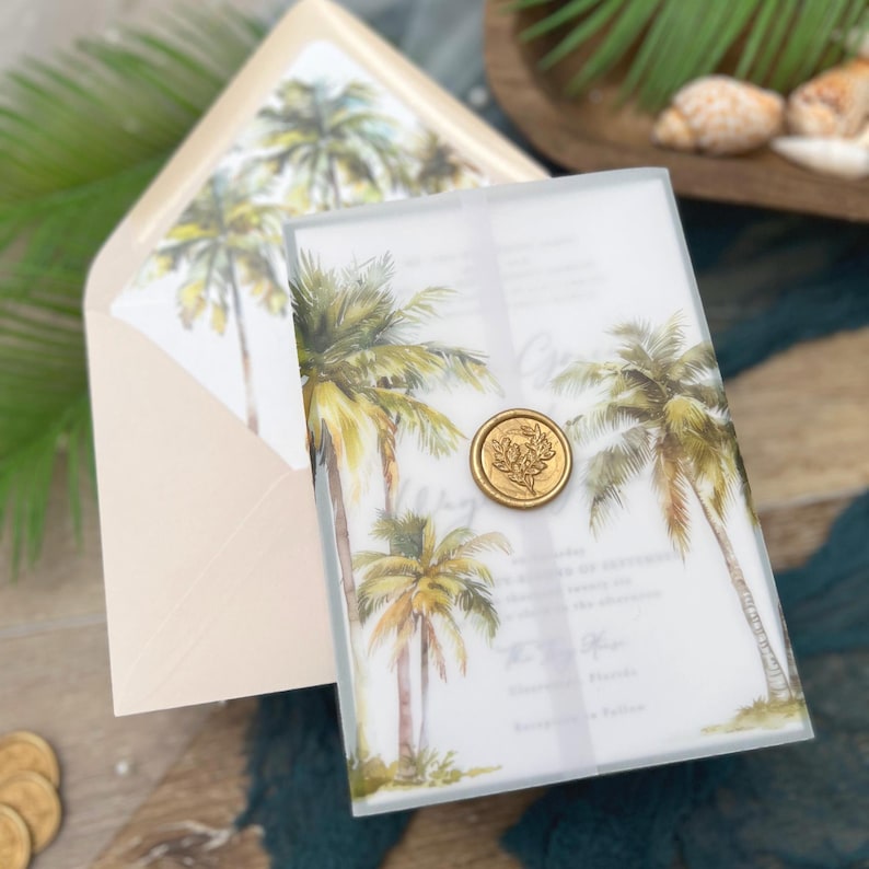 Palm Tree Beach Destination Ocean Island Wedding Invitation Suite with vellum jacket and palm tree envelope liner