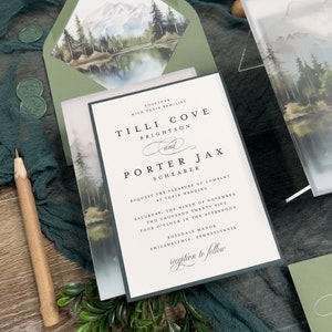 Colorado Mountain Forest Wedding Invitation Suite: Green Lake, Enchanting Woodlands, Vellum Jacket imagen 6