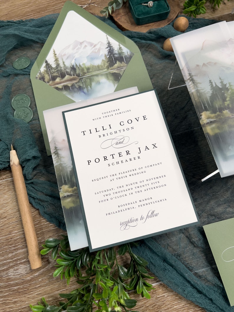 Colorado Mountain Forest Wedding Invitation Suite: Green Lake, Enchanting Woodlands, Vellum Jacket imagen 6