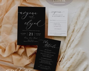 Black Wedding Invitations with white ink printing, Trendy Modern, Timeless Romantic, Minimalistic Suite, printed invitations, black paper
