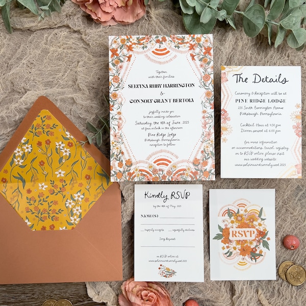 Retro Mod Wedding Invitations, Colorful Wildflower Vintage Inspired, Printed Trendy Handwritten Wedding, Whimsical, Quirky Boho Style