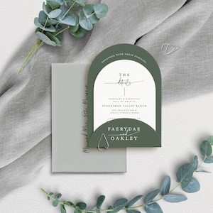 May include: A wedding invitation with a green and white arch design. The text reads "The Details" and includes the names "Faerydae and Oakley".