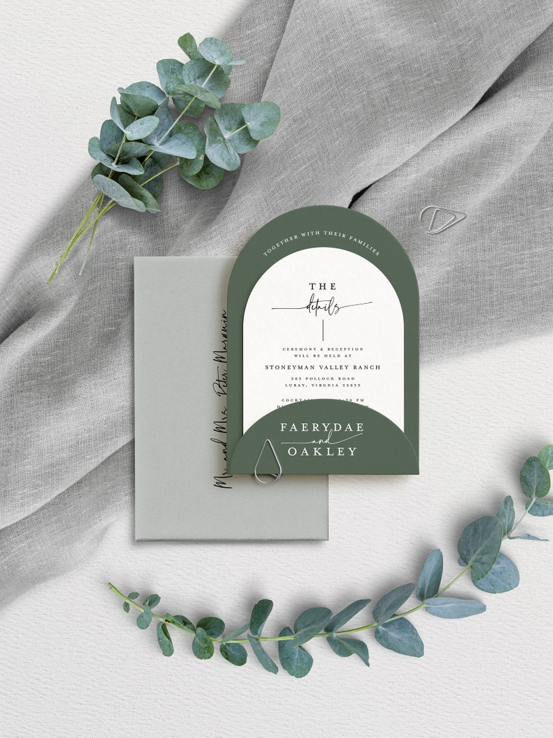 May include: A wedding invitation with a green and white arch design. The text reads "The Details" and includes the names "Faerydae and Oakley".