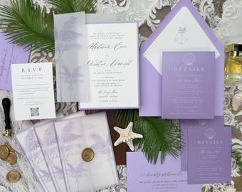 Purple Palm Tree Wedding Invitation Suite | Vellum Jacket, RSVP & Details Card, Assorted Colors