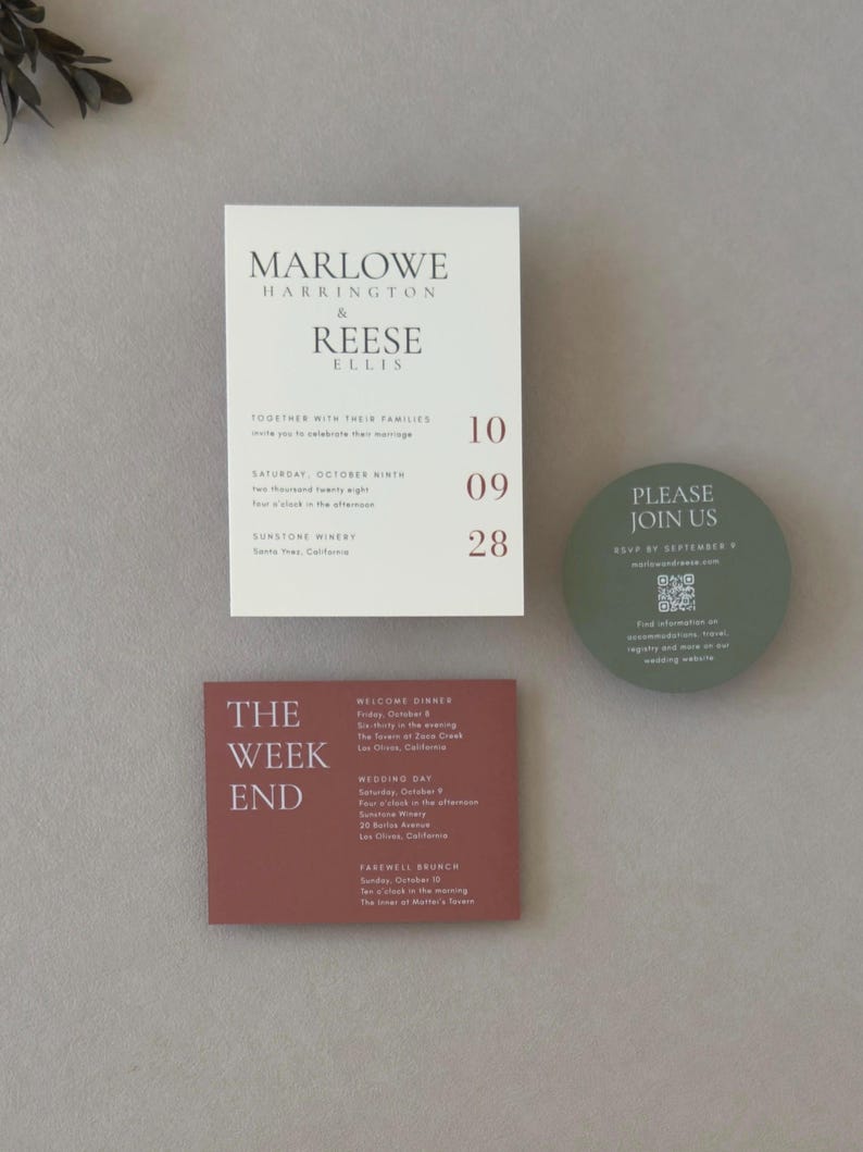 Ivory Marlowe wedding invitation paired with clay details cards, olive green circular RSVP card and coordinating envelope for a modern earthy wedding palette.