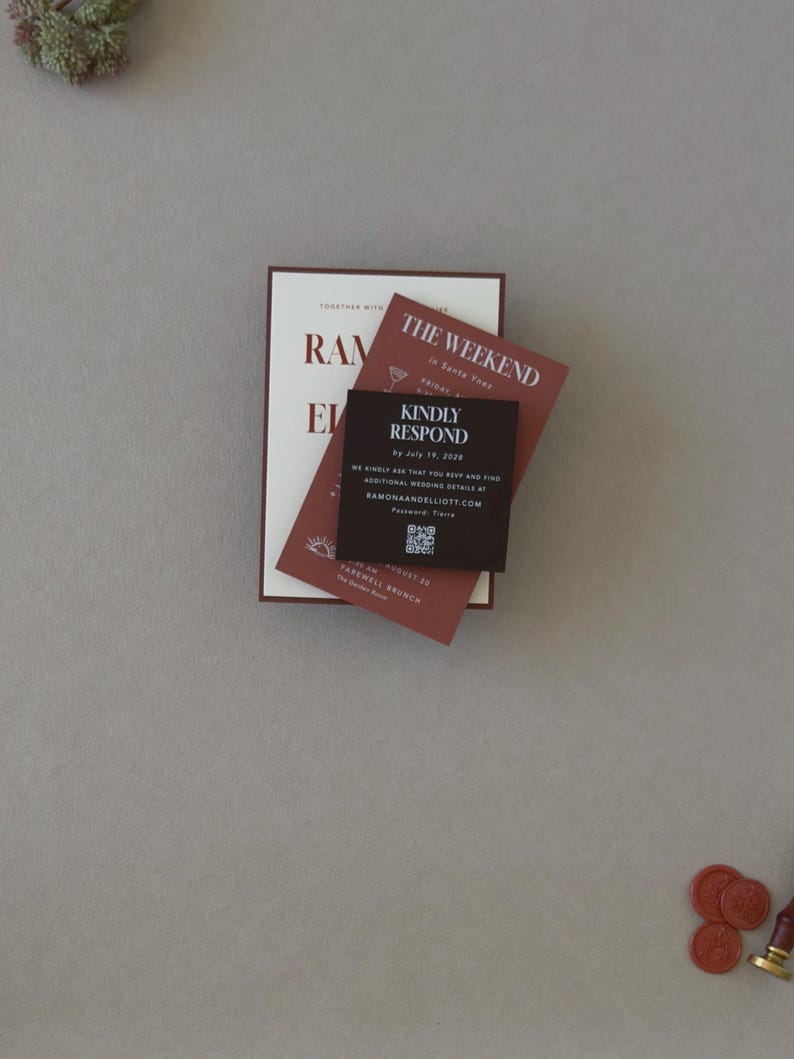Terracotta and dark brown wedding stationery cards featuring modern typography and warm rust tones from the Ramona wedding invitation suite.