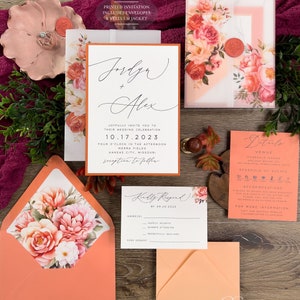 Coral & Orange Floral Wedding Invitation Suite with Vellum Jacket