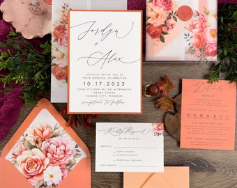 Printed Bright Bold Coral and Orange Wedding Invitation Suite, Coral shades with Orange and Peach Flower Vellum Jacket, Minimalistic Modern