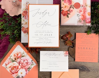 Printed Bright Bold Coral and Orange Wedding Invitation Suite, Coral shades with Orange and Peach Flower Vellum Jacket, Minimalistic Modern