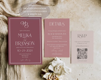 Modern Mauve and dusty rose wedding invitation suite printed with white ink, Trendy cinnamon rose, Minimalist wedding, Boho, WhiteLaceDesign