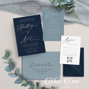 WHITE INK Printed - Navy and Dusty Blue Wedding Invitations - Navy Wedding Invites - Dusty Blue Wedding - Modern Wedding - Printed Suite