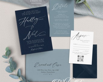 WHITE INK Printed - Navy and Dusty Blue Wedding Invitations - Navy Wedding Invites - Dusty Blue Wedding - Modern Wedding - Printed Suite