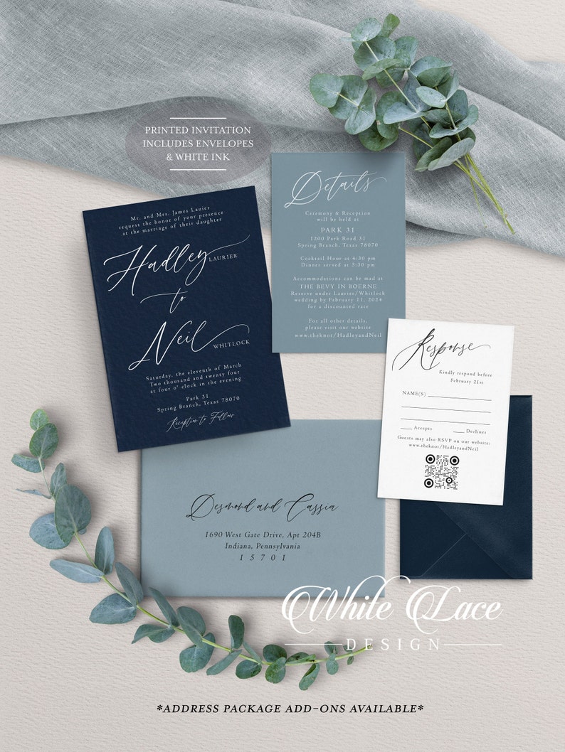 May include: A navy blue wedding invitation with white calligraphy for a wedding ceremony and reception. The invitation includes the names "Hadley" and "Neil" and the date "Saturday, the eleventh of March Two thousand and twenty-four". The invitation also includes the details of the ceremony and reception, including the location, time, and RSVP information. The invitation is decorated with a floral design and a white lace border.