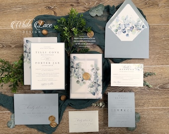 Printed Tilli Wedding Invitation suite, Eucalyptus, Dusty Blue, Earthy, Woodland Forest, Enchanting, Romantic Vellum Jacket, Greenery Leaves