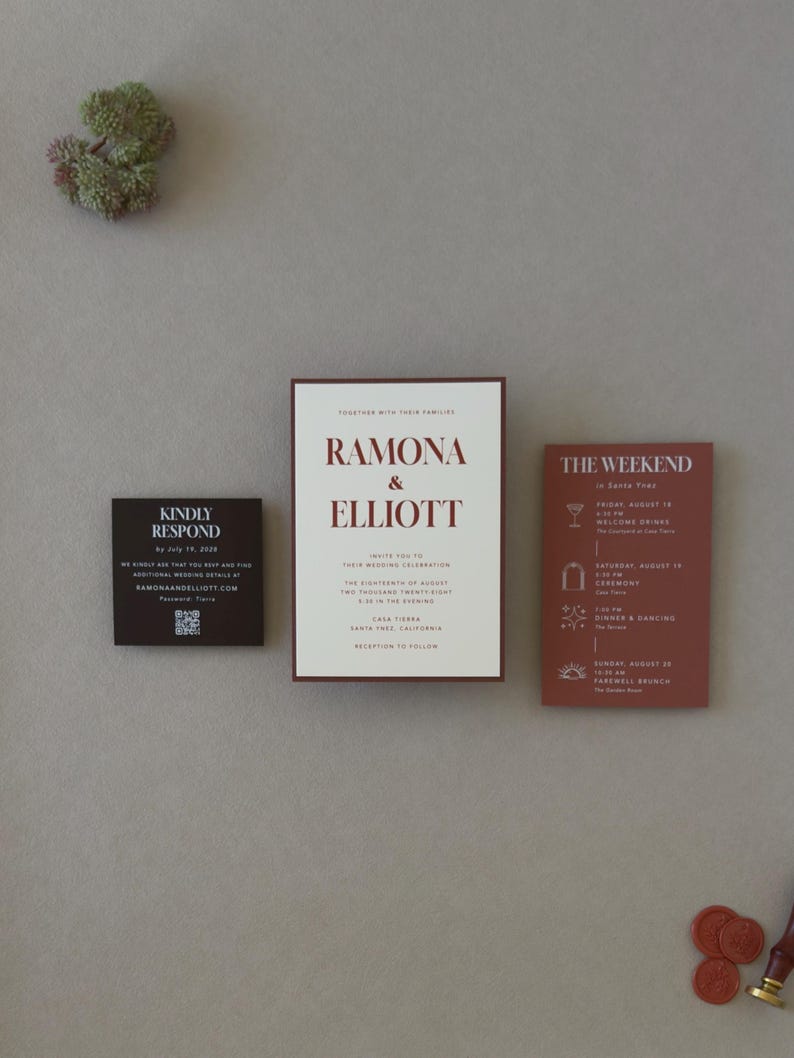 Warm ivory layered wedding invitation paired with terracotta details card and dark chocolate RSVP card for a moody modern wedding invitation suite.