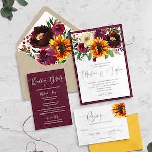 May include: Wedding invitation suite featuring a floral design with sunflowers and burgundy flowers. The suite includes an invitation, details card, RSVP card, and envelope. The invitation text reads "Marlene & Joshua" and wedding details.