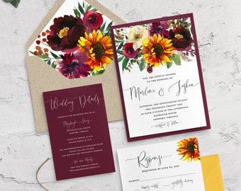 Sunflower Wedding Invitation Suite: Burgundy & Yellow Floral