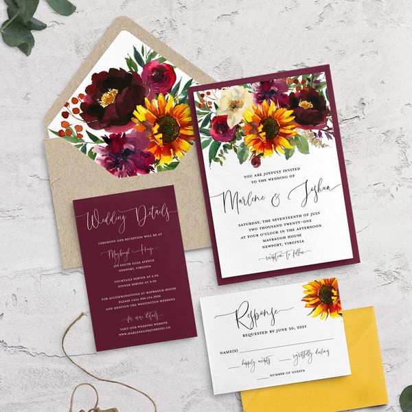 Sunflower Wedding Invitations, Summer Wedding, Burgundy Wedding, Fall Wedding, Outdoor Wedding, Yellow Wedding, Sunflower and Burgundy