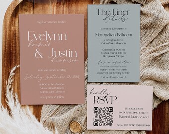 Romantic Spice and Dusty Blue wedding invitation suite, printed with white ink, soft whimsical, trendy retro style, QR RSVP Card, blue pink