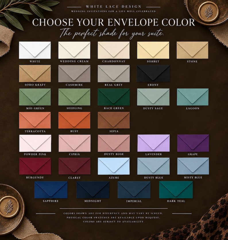 Wedding invitation envelope color chart featuring neutral, green, pink, burgundy, blue, purple and teal envelope options.