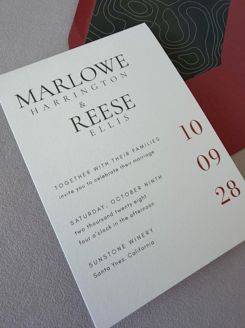 May include: A white wedding invitation card with black serif text reading MARLOWE HARRINGTON & REESE ELLIS, followed by event details for October ninth, two thousand twenty eight at Sunstone Winery. The date 10 09 28 is printed in red on the right.