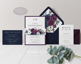 Könnte beinhalten: Hochzeits-Einladungssuite in Burgunderrot und Marineblau mit floralem Design. Die Einladung enthält die Namen des Paares, "Juniper Grace", sowie das Datum und die Uhrzeit der Hochzeit. Die RSVP-Karte enthält den Text "RSVP bis zum 1. Mai" und einen Platz für den Namen des Gastes.