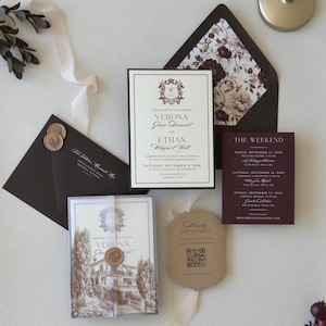 Burgundy European wedding invitation suite with vellum wrap, scalloped RSVP card and chocolate envelope