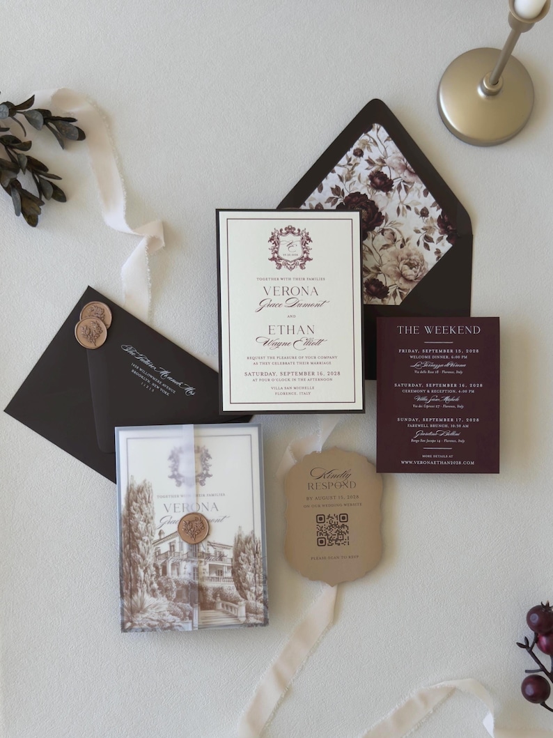 Burgundy European wedding invitation suite with vellum wrap, scalloped RSVP card and chocolate envelope