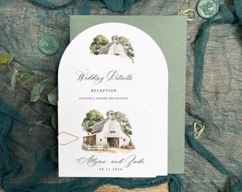Arch Wedding Invitations, Rustic Barn Wedding, Rounded Edge Invitation, Country Farm Watercolor Envelope Liner, Woodland Pine, PRINTED