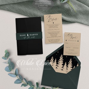 May include: A black and green wedding invitation suite with a white lace design. The invitation features the text "Elsie & Harvey tie the knot" and a forest scene with stars. The details card includes the text "The Details" and information about the ceremony and reception. The RSVP card includes the text "Kindly Respond" and a space for guests to RSVP.