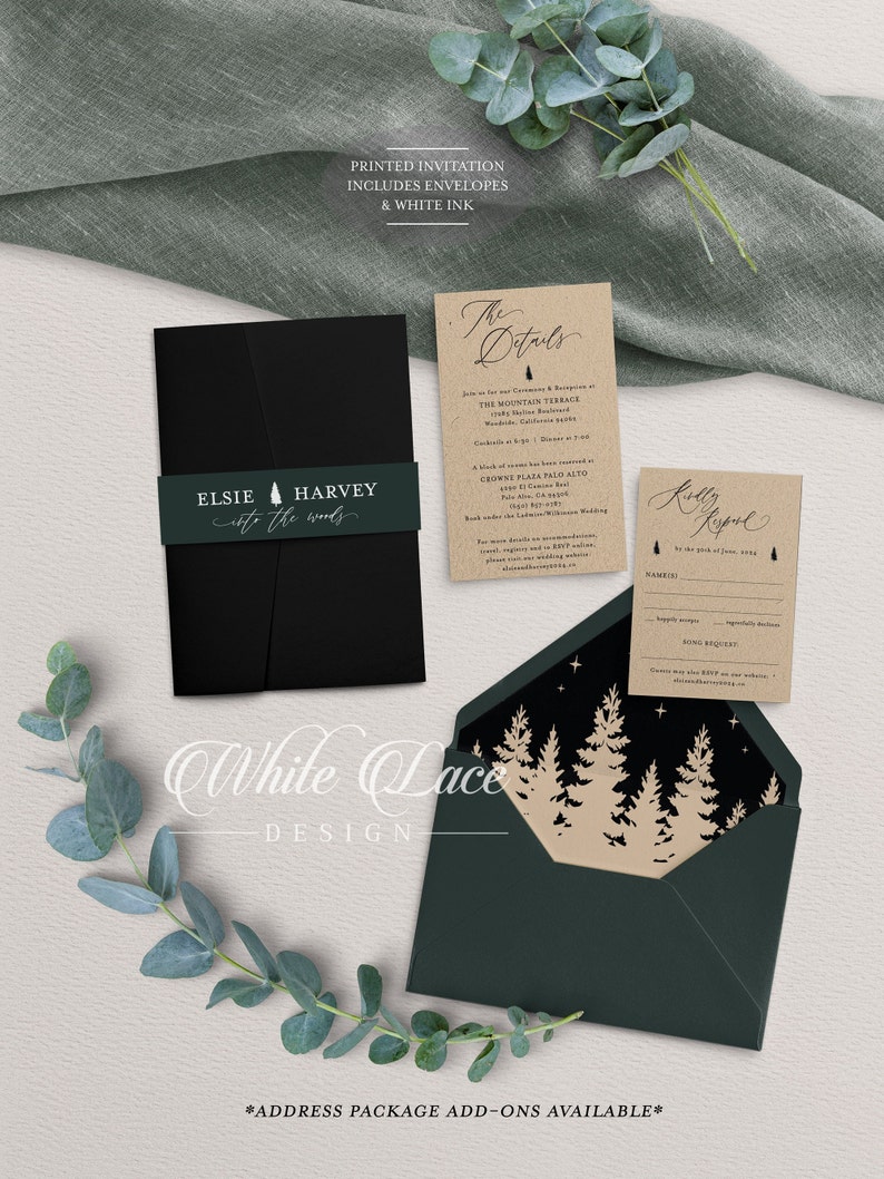 May include: A black and green wedding invitation suite with a white lace design. The invitation features the text "Elsie & Harvey tie the knot" and a forest scene with stars. The details card includes the text "The Details" and information about the ceremony and reception. The RSVP card includes the text "Kindly Respond" and a space for guests to RSVP.