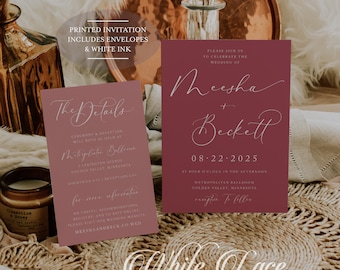 Mauve and Dusty Rose Wedding Invitation printed with white ink, Modern, Minimalist, Boho Wedding handwritten font, Dusty pink rustic wedding