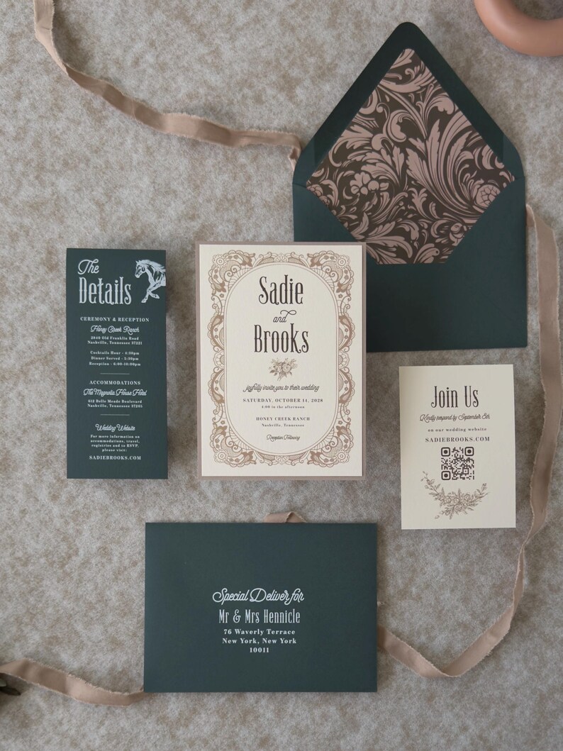 Dark green and ivory wedding invitation suite featuring ornate vintage typography, decorative borders, QR code RSVP card and rich botanical-inspired details.