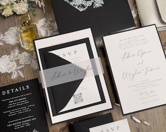 Black and White Wedding Invitation: Floral Envelope Liner, Minimalist Design, Vellum Band, White Ink