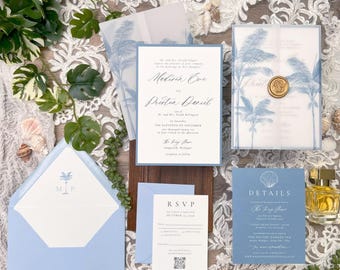 Palm Tree Wedding Invitation Suite | Vellum Jacket, RSVP & Details Card, Assorted Colors
