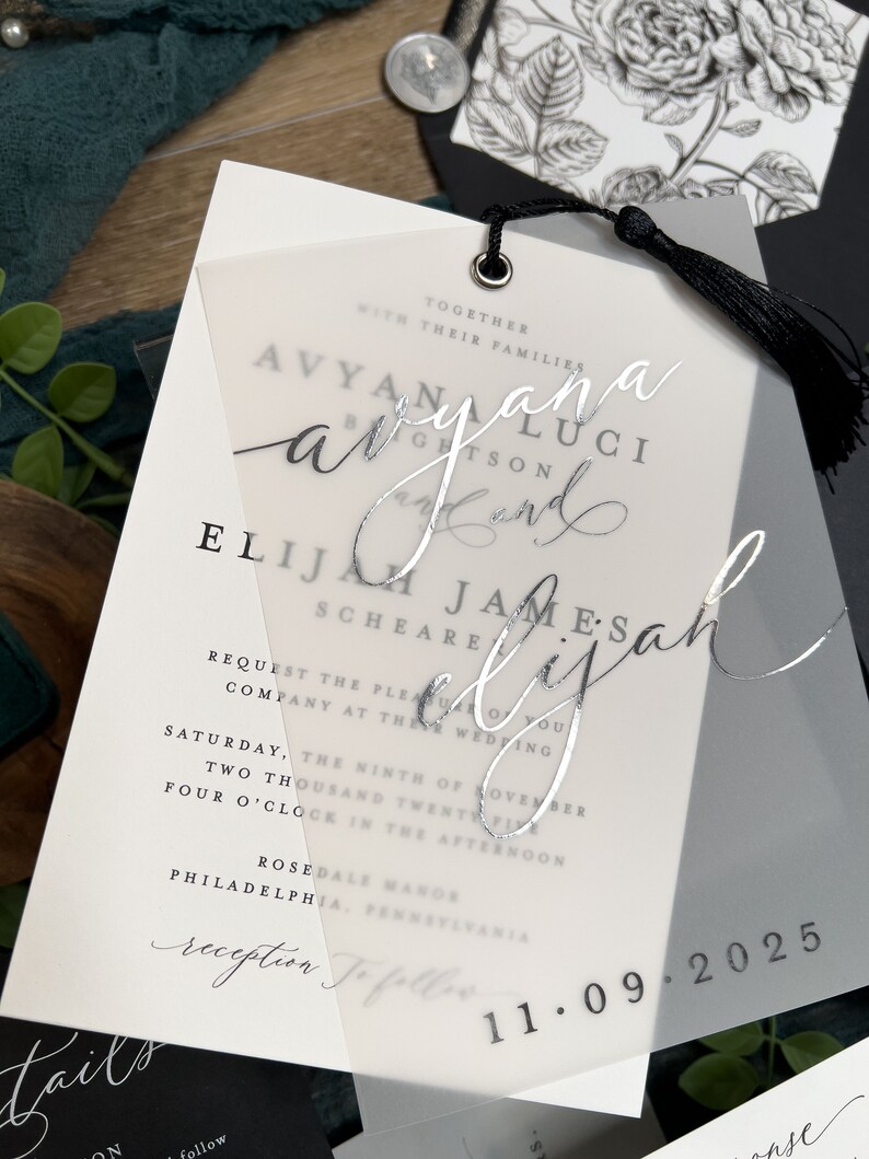 Foil Vellum Printed Avyana Suite, Tassel and Grommet, Black and White Floral, Wedding Invitation Sleeve, Classic Wedding, Gold Foil Overlay image 2