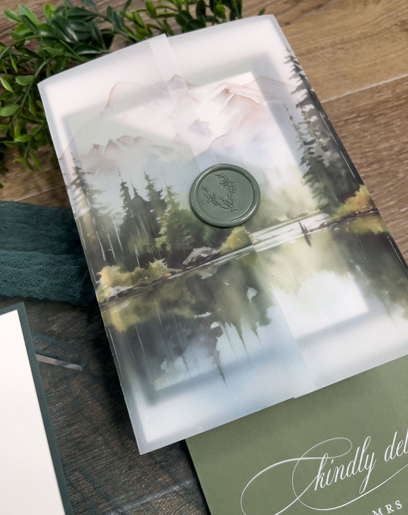 Colorado Mountain Forest Wedding Invitation Suite: Green Lake, Enchanting Woodlands, Vellum Jacket imagen 3