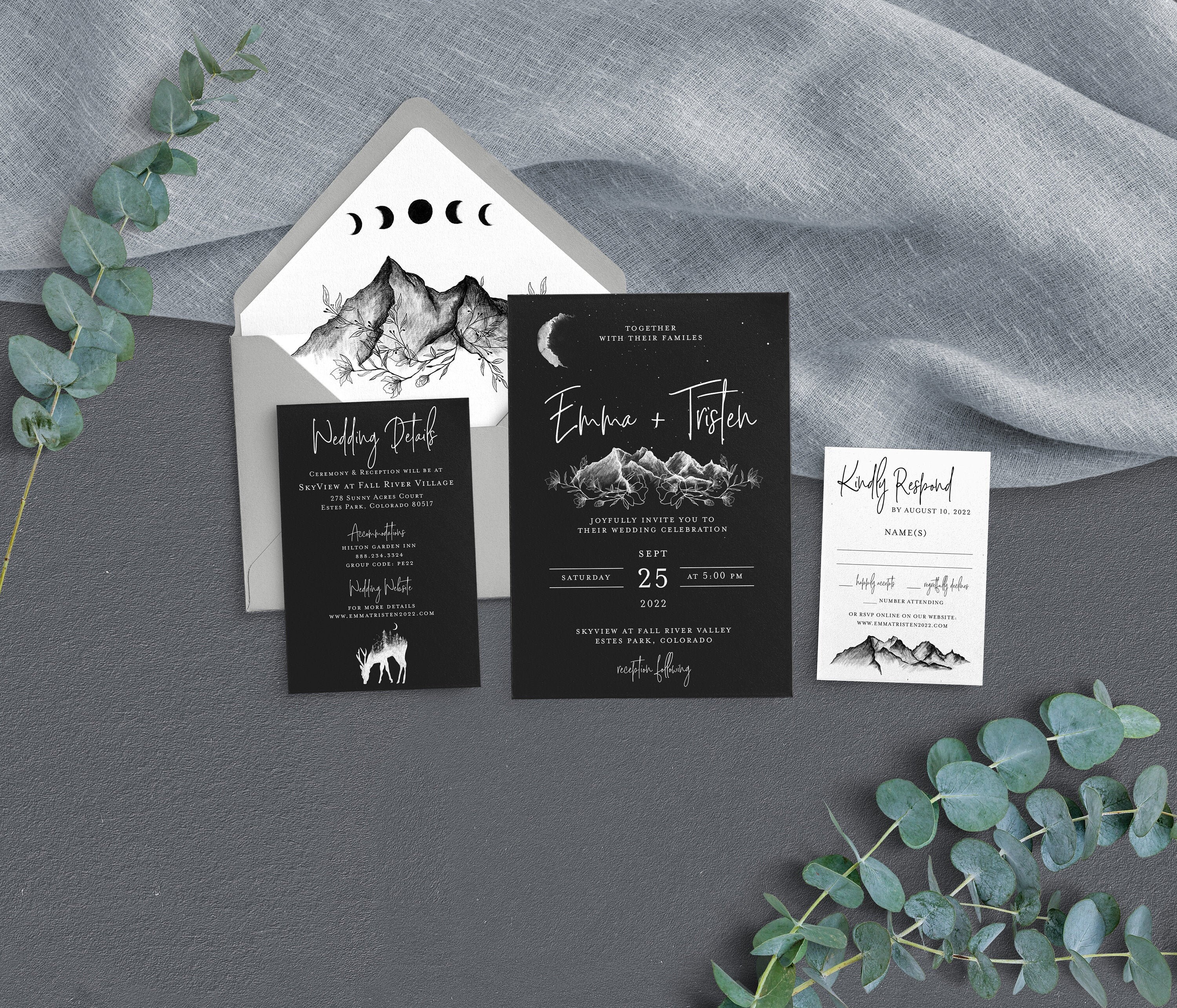 Mountain Wedding Invitations: Black, White Ink, Moon Phases