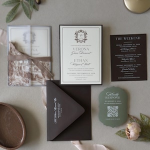 Verona olive green wedding invitation with layered cream invitation, chocolate brown details card, green scalloped RSVP and printed vellum.
