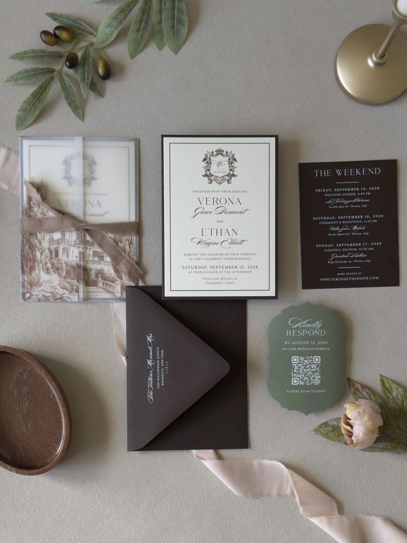 Verona olive green wedding invitation with layered cream invitation, chocolate brown details card, green scalloped RSVP and printed vellum.