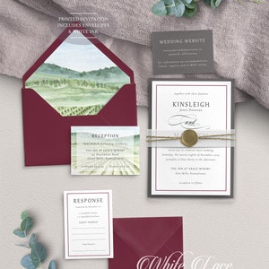 Winery Wedding Invitation - Vineyard Wedding - Burgundy and Grey Wedding - Wine Wedding - Boho Wedding - Printed Invitation White Ink