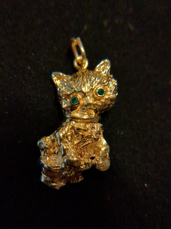 14K Gold Cat Charm with Emerald Eyes