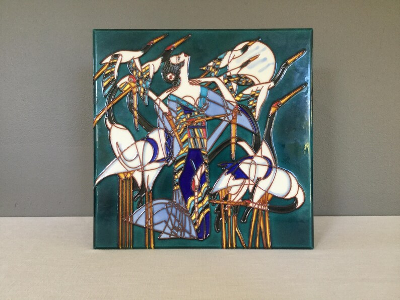Large Art Nouveau Ceramic Tile Hanging Wall Clay Craftsman Deco Cranes Kimono Hollywood Japanese Influence