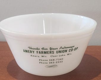 Vintage Federal Milk Glass Bowl "Amery Farmers Union Co-op" Amery Wisc.