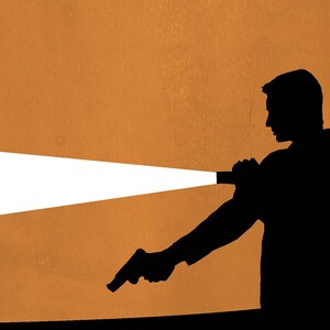 May include: Silhouette of a person holding a flashlight in their right hand, shining a beam of light to the left. The person is wearing a dark shirt and is standing against a brown background.